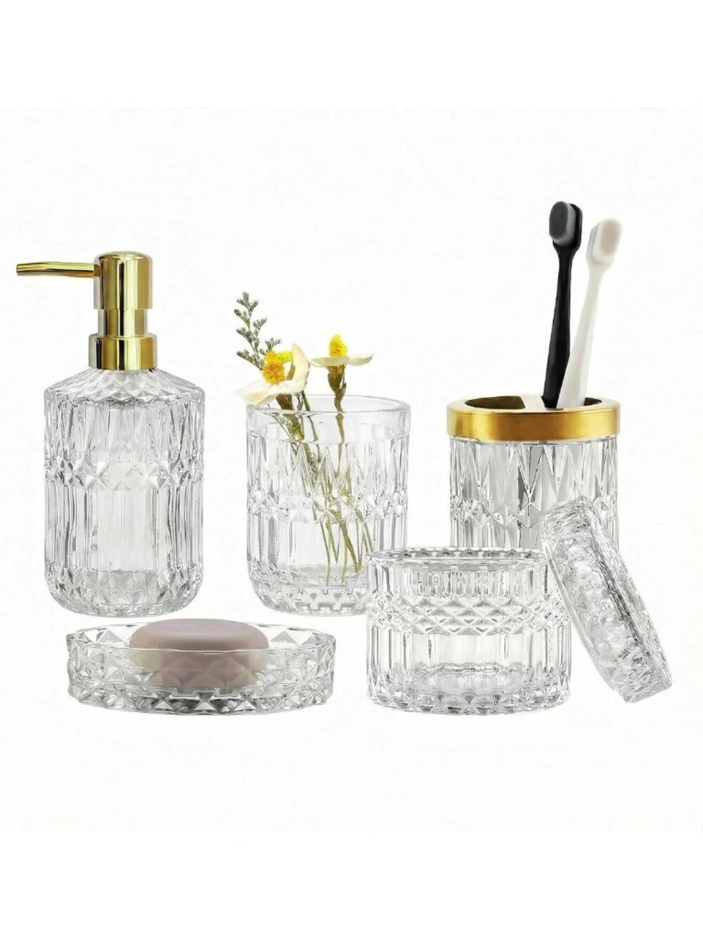5-Piece Clear Crystal Glass Bathroom Accessories Set - Elegant & Modern Decor